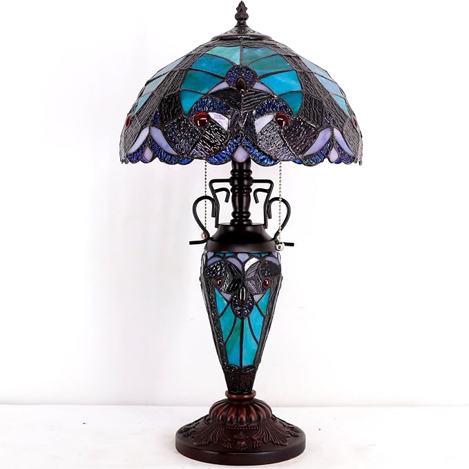 WERFACTORY Tiffany Style Table Lamp Green Stained Glass Liaison Lamp 12X12X22 Inches Mother-Daughter Vase Desk Reading Light Decor Bedroom Living Room Home Office S160G Series