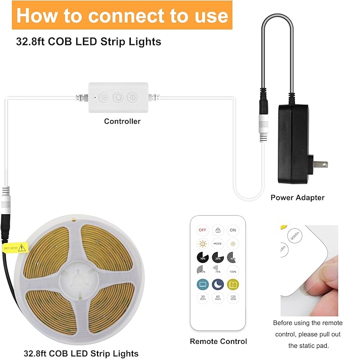 White COB LED Strip Light, Dimmable 32.8ft/10m LED Light, 6000K Daylight White 3200 LEDs High Lumen LED Tape Lights CRI 90+ with RF Remote and UL Power for Bedroom,Kitchen,DIY Home Decoration