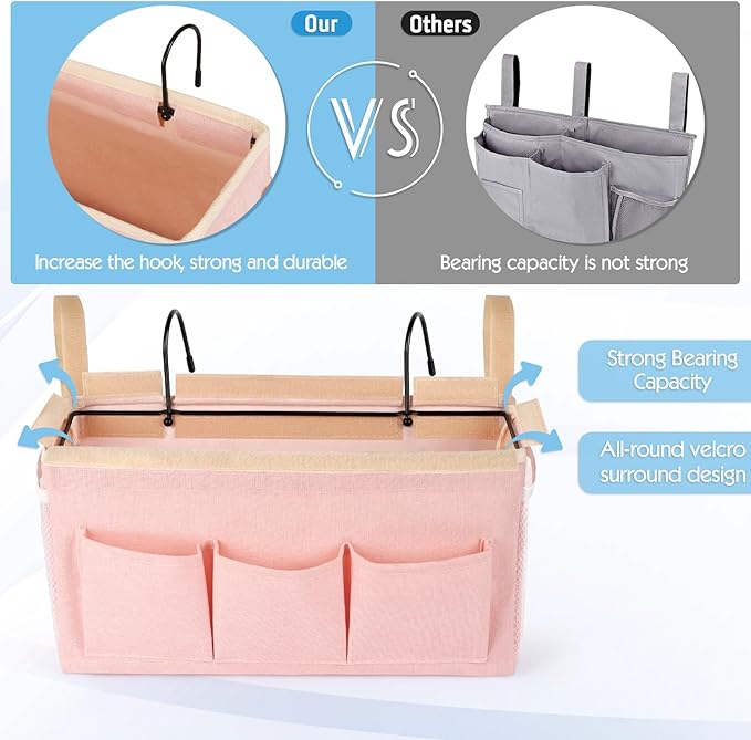 Ozzptuu Bedside Storage Caddy/Bedside Hanging Storage Bag for Headboards Bunk Beds Dorm Rooms Book Phone Magazine Holder (New Pink)