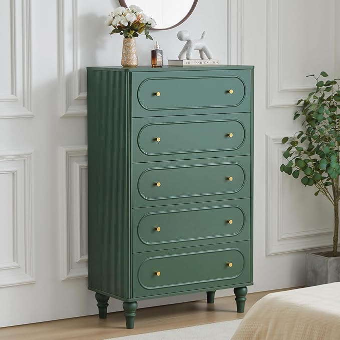5 Drawer Fluted Dresser for Bedroom Set of 2, Mid Century Modern Chest of Drawers, Wood Storage Large Dresser Organizer for Bedroom Living Room Hallway Closet, Green