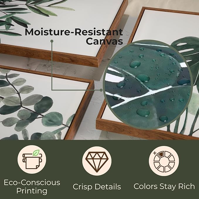 Sage Green Boho Framed Wall Art,16x24x1.38in 3Pcs, Neutral Botanical Canvas Prints, Monstera, Eucalyptus & Olive Leaf Decor, Floating Frames Included, Minimalist Art for Living Room, Bedroom