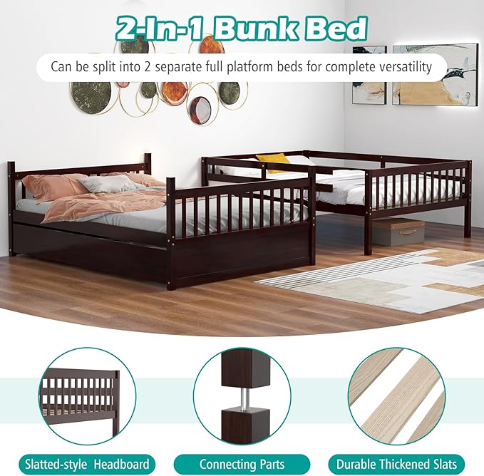 Giantex Full Over Full Bunk Bed with Trundle, Solid Wood Trundle Bed Frame w/Guardrails and Ladder, Convertible to 2 Beds, Full Size Bunk Beds for Adults Kids Teens, No Box Spring Needed,Espresso