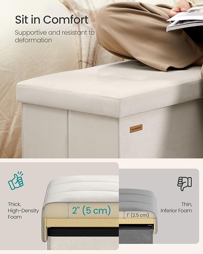 SONGMICS Mazie Collection - 30 Inches Storage Ottoman, Foldable Storage Bench with Flipping Lid, 660 lb Load Capacity, for Entryway, Living Room, Bedroom, Velvet Fabric, Cream White ULSF048LH01