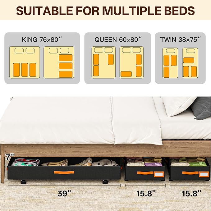 Under Bed Storage with Wheels 39inch, Extra Long Underbed Storage Containers 60L Large Capacity Rolling Under Bed Storage with Clear Lids,XXL Shoe Organizer Under Bed for Bedroom, Closet, Drawers,Toys