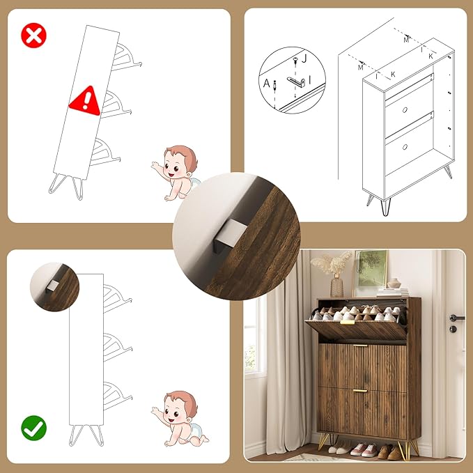 Shoe Cabinet with 3 Flip Drawer, Mid Century Shoe Cabinet Storage for Entryway Slim, Hidden Shoe Storage Cabinet, Freestanding Shoes Rack Organizer for Entryway, Walnut