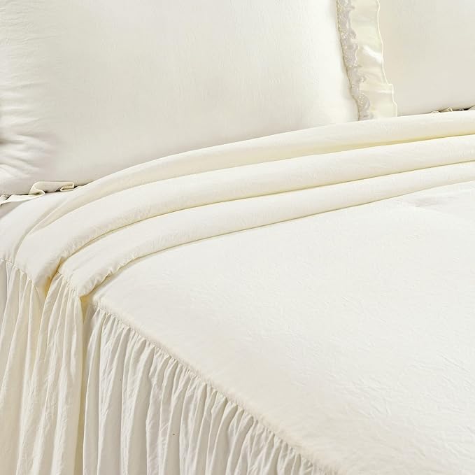 Lush Decor Ella Ruffle Lace Bedspread, 3 Piece Set, Queen, Neutral - Cute Bed Set - Queen Bedding - Beige Bedding - Coquette Decor - Neutral Ruffle Trim - Beige Lace Trim