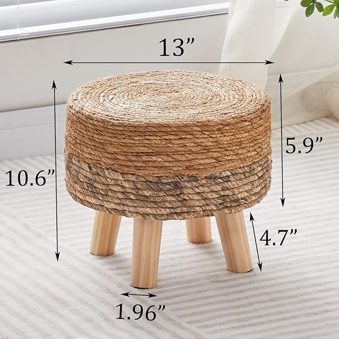 Wimarsbon Round Foot Stool Natural Seagrass Poufs Ottoman Hand Weave Footrest Stool for Couch Desk Extra Seat Step Stool with Solid Wood Legs for Hallway Patio Lounge Brown