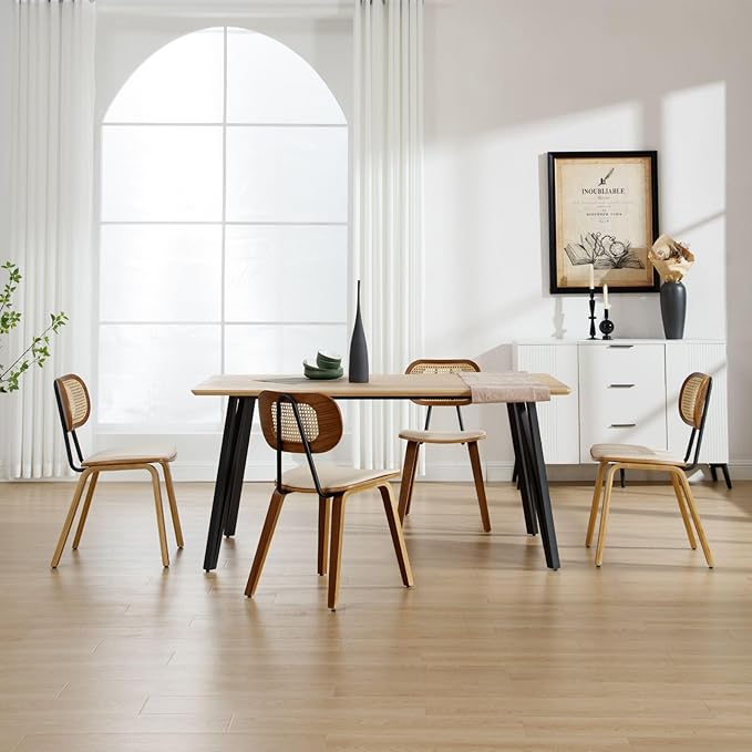 HEAH-YO Modern Dining Chairs Set of 4, Upholstered Faux Leather Dining Room Chairs with Rattan Backrest and Wood Legs, Armless Wood Kitchen Chairs for Dining Room, Beige