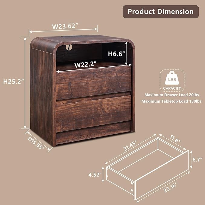 25" Tall Modern Nightstand with Charging Station, 23.6'' Wide Wood Bedside Table w/2 Storage Drawers, Large Mid Century End Table for Bedroom, Living Room, Curved Profile Design, Brown