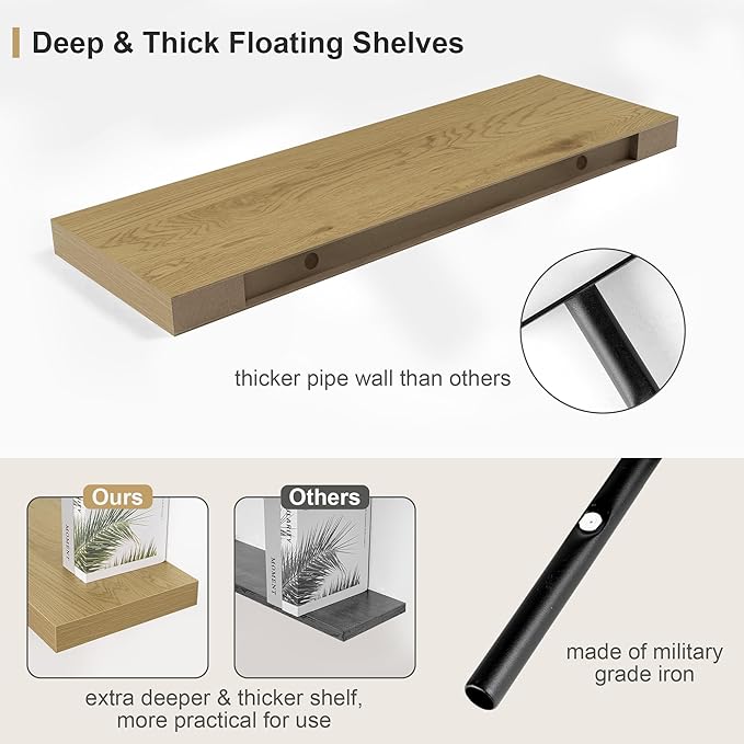 Heimlove Oak Bathroom Shelves Floating Shelves for Wall Shelf Over Toilet Long Mounted Modern Farmhouse,48 x 12 Shelves with Invisible Brackets for Living Room, Kitchen, Bedroom