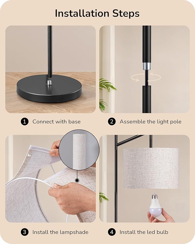 EDISHINE Modern Floor Lamps for Living Room, 64.7" Minimalist Standing Lamp with 3 Color Temperatures Bulb & Adjustable Linen Shade, Foot Pedal Switch, Arc Tall Lamp for Bedroom Office, Black