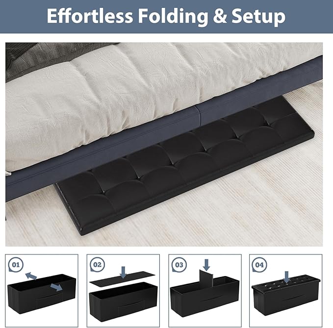 Giantex 43 Inches Folding Storage Ottoman Bench, Upholstered PU Leather Storage Chest with Side Pocket, Padded Seat, End of Bed Bench, Collapsible Ottoman Foot Rest for Living Room, Bedroom & Entryway