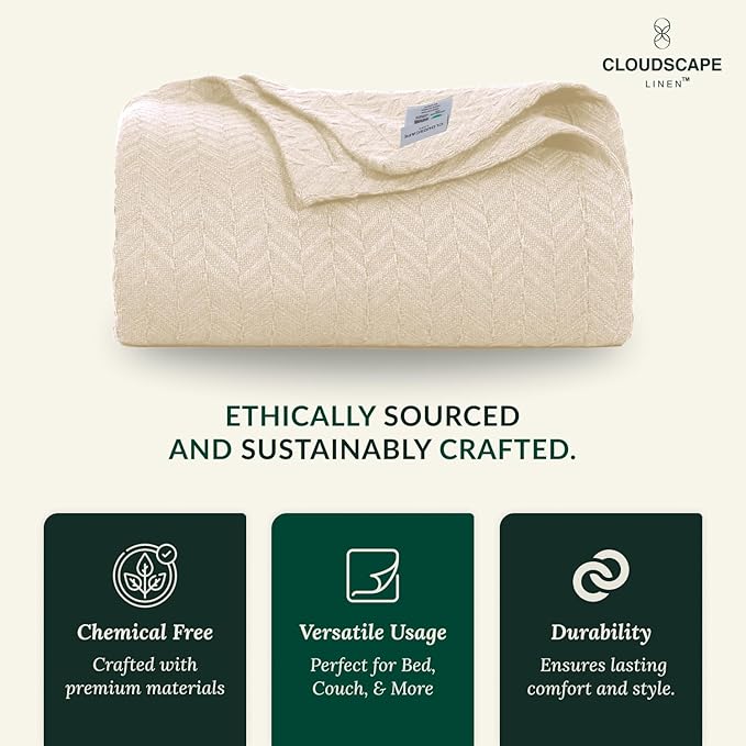 Cloud Scape Linen 100% Cotton Blanket King 92x108 Ivory - Cozy Herringbone Weave, Fits Up to Cal King Beds, Breathable Softness, All-Season Warmth, Heavy Layering Winter Blanket