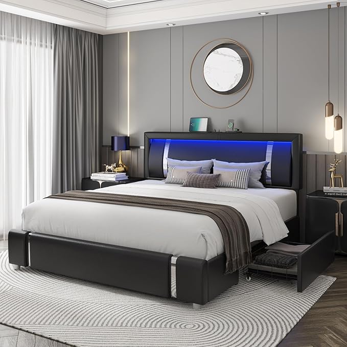 Full Size Bed Frame with RGB LED Lights Headboard & 2 Storage Drawers, Modern Upholstered Faux Leather Smart Platform Bed with Iron Metal Decor, USB & USB-C Charging Ports, No Box Spring Needed, Black