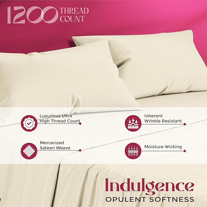 Mayfair Linen 100% Egyptian Cotton Sheets California King Size - 1200 Thread Count Cal King Size Sheets Set Egyptian Cotton, 4 PC Luxury Bedsheet (Ivory), Soft, Cooling, 17" Deep Pocket Set