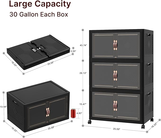 360Qt Stackable Storage Bins with Lids, 3 Pack Large Collapsible Bins with Wheels, Plastic Cabinet with Doors, Foldable Closet Organizers and Storage for Home, Dorm, Office, Black