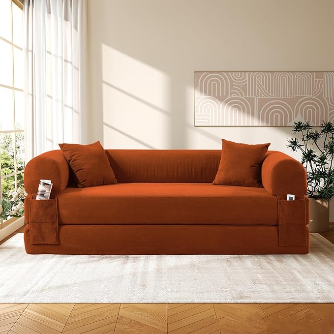 Convertible Sleeper Sofa Bed,80" Futon Sofa Bed Queen with Storage,Corduroy Pull Out Couch with Bed,Boneless Couches for Living Room,Compressed Couch in a Box,Orange