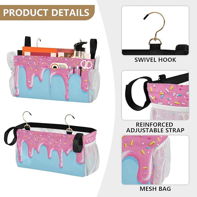 Bedside Caddy Hanging Bunk Bed Caddy Bed Organizer Hanging Pocket with 2 Hooks Bedside Storage Organizer Pocket Bag Holder Cartoon Dripping Frosting