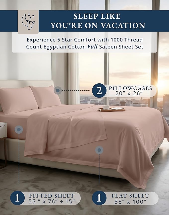 LANE LINEN Luxury 100% Egyptian Cotton Bed Sheets Full Size - 1000 Thread Count, Fully Elasticized Reinforced 15" Extra Deep Pocket Full Sheets, Soft & Comfy Sateen Weave for Silky Finish-Sepia Rose