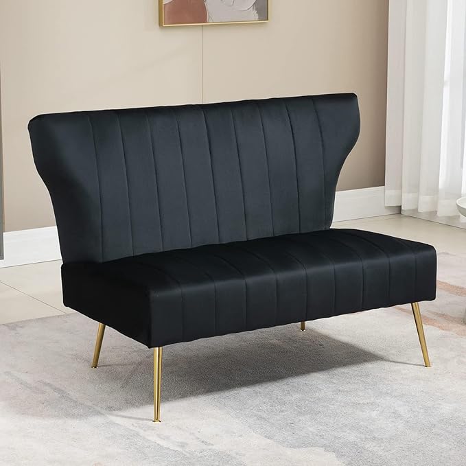50’’ Armless Loveseat Sofa, Comfy Upholstered Velet Small Couch Sofa with Gold Legs, 2 Seater Tufted Modern Couch for Living Room, Bedroom, Apartment Small Space (Black)