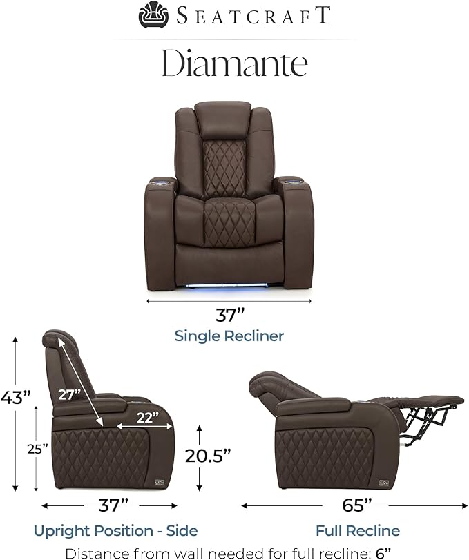 Seatcraft Diamante Zero-Gravity CoolZero Italian Leather Home Theater Seating, Power Headrest, Power Recline, Single Recliner, Brown