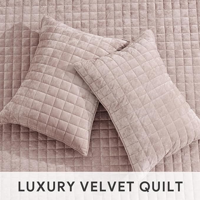 RECYCO Luxury Velvet Quilt Twin/Twin XL Size Bedding Set, Ultra Soft Velvet Comforter Set, Lightweight Quilted Channel Box Stitch Oversized Bedspread Coverlet for All Season, with 1 Sham, Rose Pink