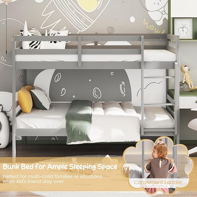 Giantex Bunk Bed Twin Over Twin, Solid Wood Bunk Bed with Sturdy Ladder & 12 Inch Safety Guard Rails, Twin Size Wood Bed Frame for Dormitory, No Box Spring Needed, Bunk Beds for Kids Teens,Grey