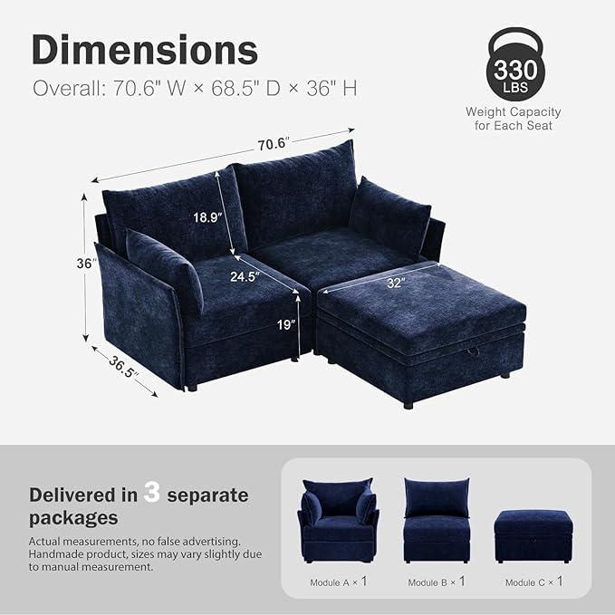 ABCASA Luxury Modular Sectional Sofa, L-Shaped 3-Seat Couch with Storage Ottoman Deep Seat & Reversible Chaise Lounge Chenille Blue for Compact Spaces, Apartments, Dorm