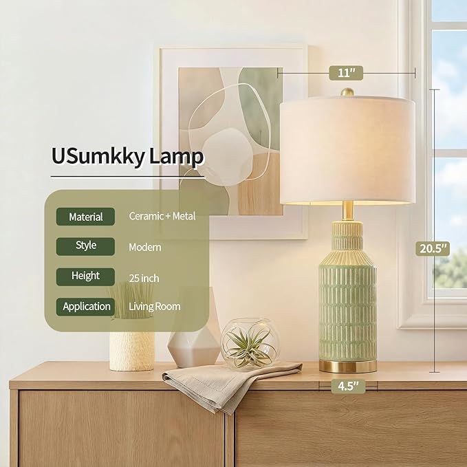 25" Green Ceramic Table Lamp - Modern Bedside Nightstand Lamp, Easy Assembly Twist Knob Switch for Bedroom Living Room Home Office Decor (Bulb Not Included)