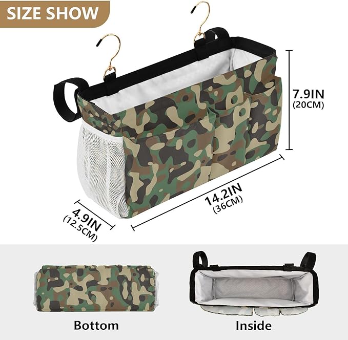 Bedside Caddy Hanging Bunk Bed Caddy Bed Organizer Hanging Pocket with 2 Hooks Bedside Storage Organizer Pocket Bag Holder Camouflage Green