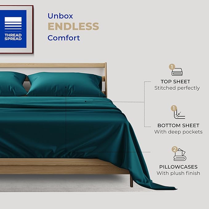 THREAD SPREAD 100% Cotton Bed Sheets Queen Set - 400 Thread Count Cotton Queen Sheets Only, 4 PC Set (Teal), Ultra Soft, Breathable, Cooling, Sateen Weave 16" Deep Pocket Bedsheet for Hot Sleepers