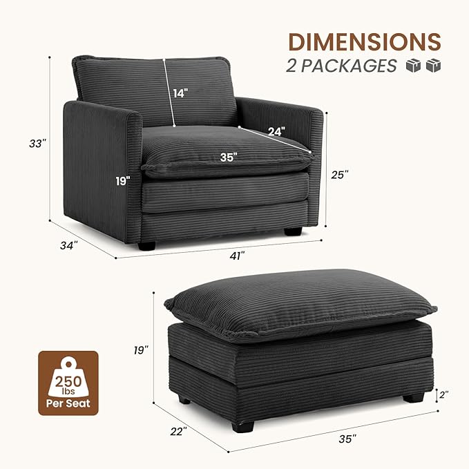 ROWHY Single Armchair with Ottoman, Modern Corduroy Cloud Couch with Convertible Chaise, Upholstered Sofa Set for Living Room and Office, Dark Grey