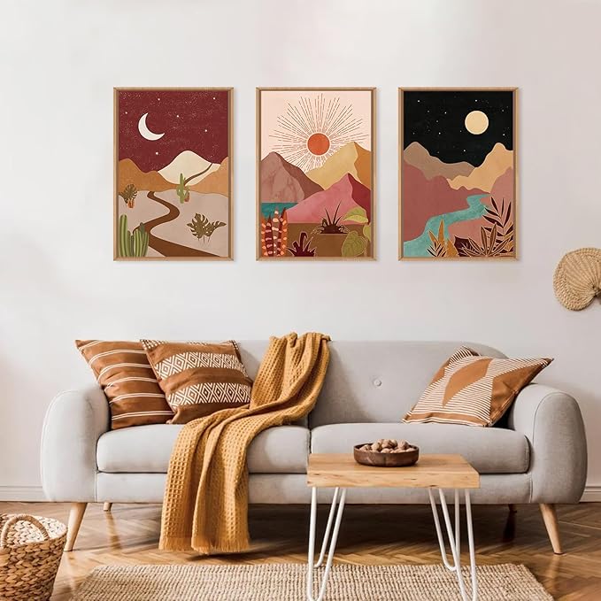 LHIUEM Large Boho Southwest Mountain Framed Canvas Wall Art,Abstract Desert Colorful Wall Decor,Nature Moon and Sun Wall Painting,Bohemian Artwork for Living Room,Bedroom,Dining Room,Office -16"x24"x3