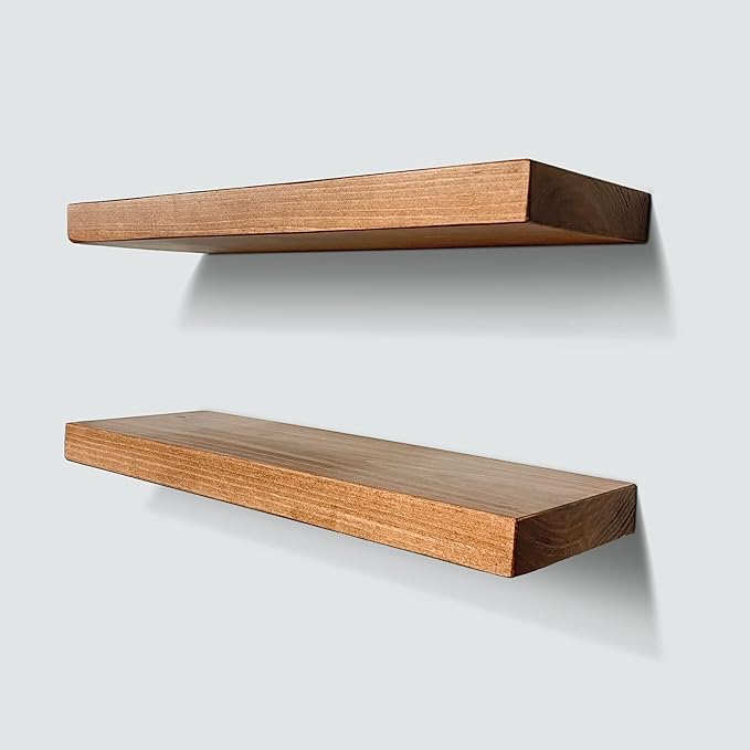 URBANDI, Rustic Floating Shelves, Set of 2, Hidden Bracket, Solid Wood, Heavy Duty, Wall Mounted Shelves, (Brown, 12Wx6D)