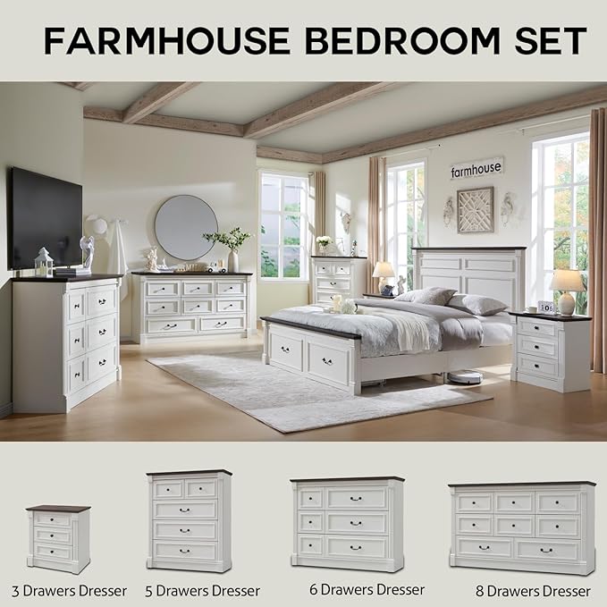 Farmhouse Queen Size Bed Frame with 51" Tall Headboard, Wood Platform Bed Frame with 20" Tall Roman Column Decoration Footboard & 2 Large Storage Drawers, No Box Spring Needed (White)