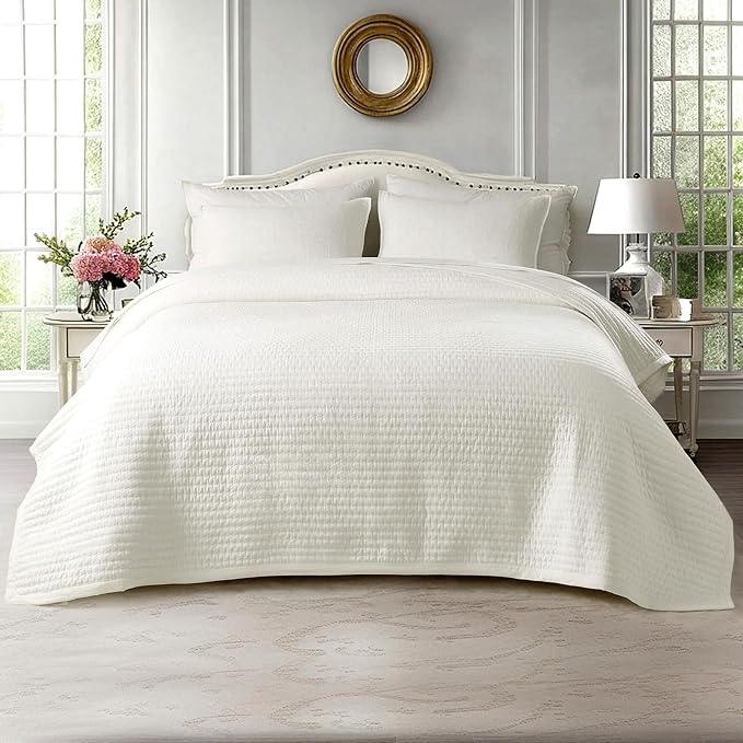 KASENTEX Queen Quilt Set 90"x90" – Soft Washed 3-Layer Lightweight Bedspread, Minimalist Nordic Design, All-Season Spring & Summer Quilt Set (1 Quilt + 2 Pillow Shams),Cream White