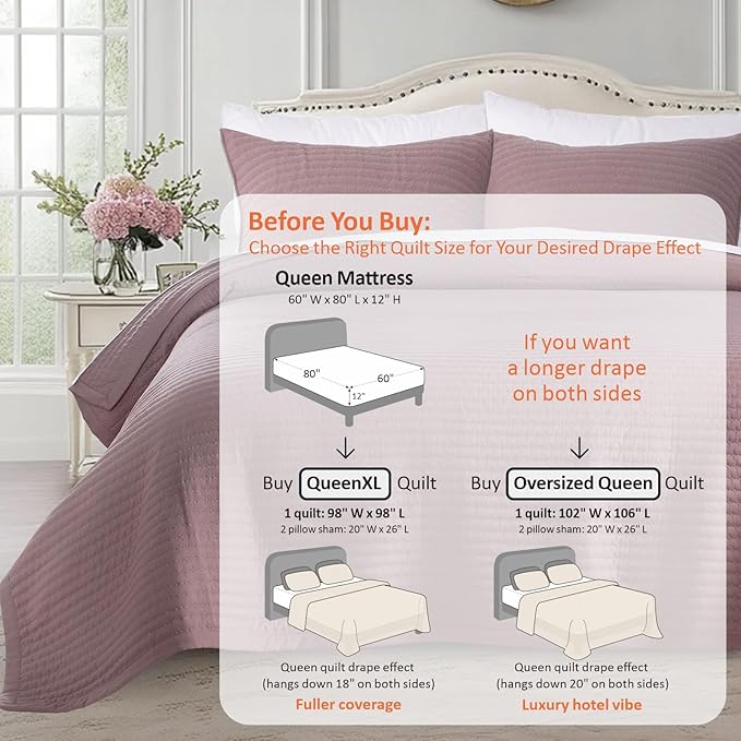 KASENTEX Queen XL Quilt Set 98"x98" – Soft Washed 3-Layer Lightweight Bedspread, Minimalist Nordic Design, All-Season Spring & Summer Quilt Set (1 Quilt + 2 Pillow Shams),Twilight Mauve Purple