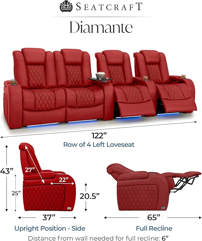 Seatcraft Diamante Zero-Gravity CoolZero Italian Leather Home Theater Seating, Power Headrest, Power Recline, Row of 4 Left Loveseat, Red