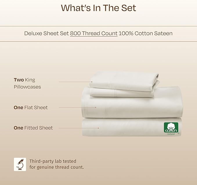 California Design Den Luxury King Bed Sheets Set - Buttery Soft 800 Thread Count Sateen, 100% Cotton Bed Sheets Set - Deep Pockets, Durable Bedding - Ivory (Cream Tone)