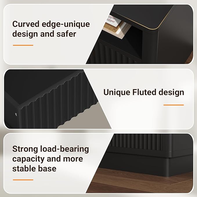 ELYKEN 24" Fluted Nightstands Set of 2, LED Night Stand with Charging Station, 2 Pack Bedside Table End Table with 2 Drawers and Shelf for Bedroom Living Room, Black