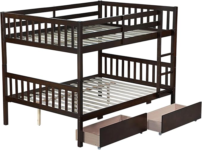 Full Over Full Bunk Bed with Storage Drawers,Convertible Bunk Beds with Ladder & Safety Guardrails,Full Size Bunk Beds for Kids Girls Boys,Espresso