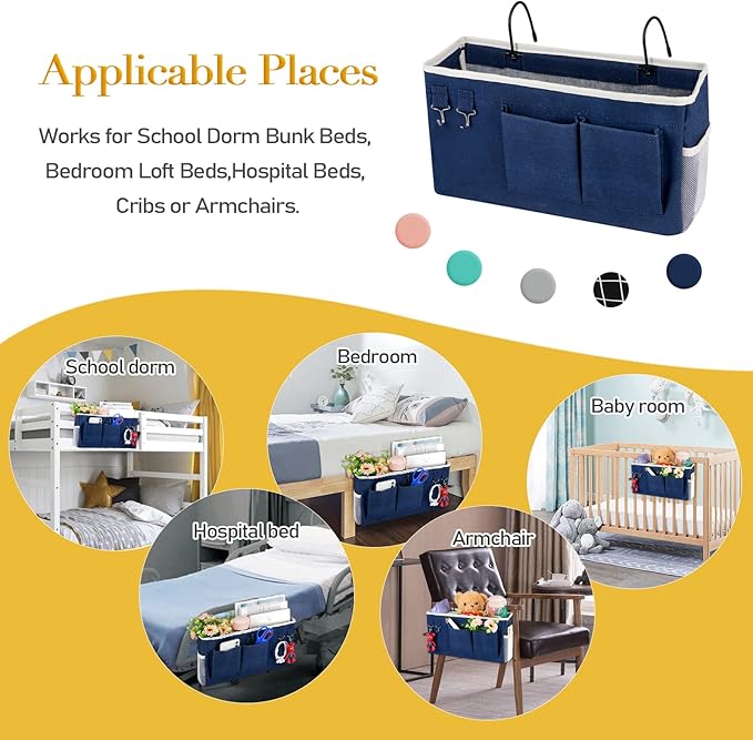 Ozzptuu Bedside Storage Caddy/Bedside Hanging Storage Bag for Headboards Bunk Beds Dorm Rooms Book Phone Magazine Holder (Navy Blue)