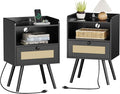 SUPERJARE Nightstands with Charging Station, Bedside Table Set of 2 with PE Rattan Drawers, Rattan Side Table with Storage & Solid Wood Feet, End Table for Bedroom, Black