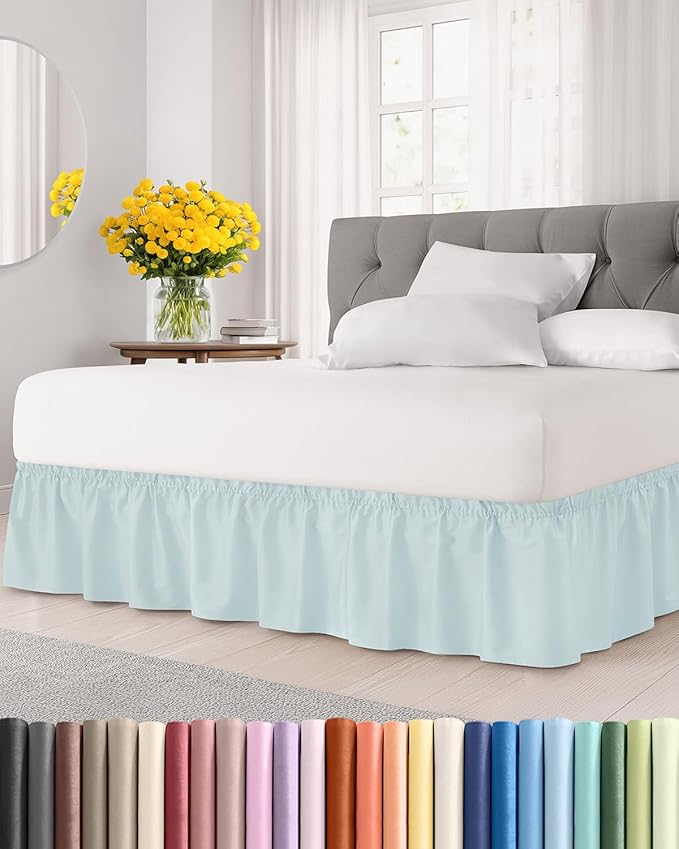 Wrap Around Dust Ruffle Bed Skirt - Ice Blue - for Full Size Beds w/ 12 Inch Drop - Easy Fit Elastic Strap - Adjustable Pleated Bedskirt w/Brushed Fabric - Wrinkle Free - for Women, Men, Kids & Teens