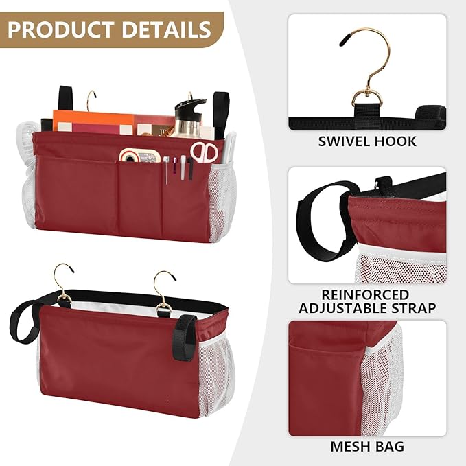 KOPIRIT Navy Red Bedside Caddy Storage Bag Bedside Organizer for College Dorm Top Bunk Bed Hanging Storage Organizer 6 Pockets with Hooks for Drinks Magazine Phone Holder