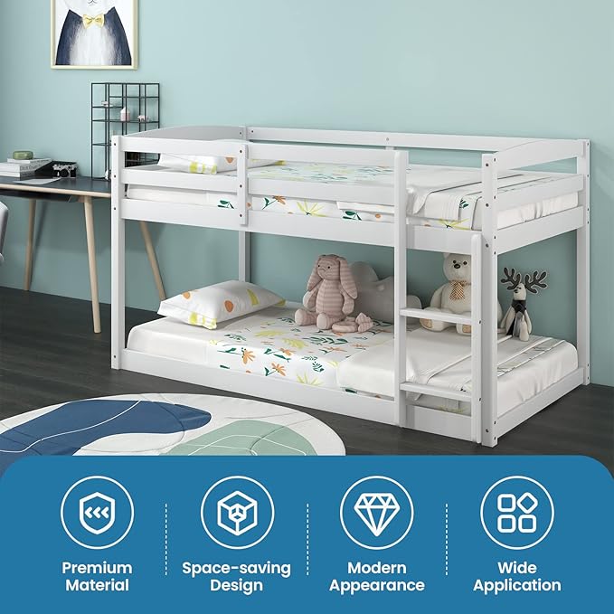 KOMFOTT Low Bunk Bed Twin Over Twin, Solid Wood Bunk Bed Frame with Built-in Ladder & Safety Guardrails, Space-Saving Low Bunk Bed for Kids, Teens, No Box Spring Needed