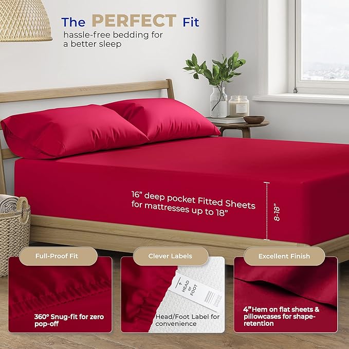THREAD SPREAD 100% Cotton Bed Sheets Twin XL Set - 400 Thread Count Cotton Twin XL Sheets Only, 3 PC Set (Red), Ultra Soft, Breathable, Cooling, Sateen Weave 16" Deep Pocket Bedsheet for Hot Sleepers