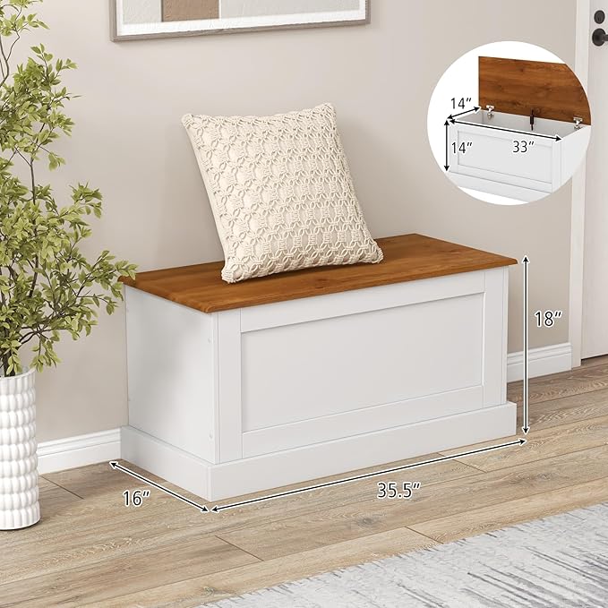 LOKO 35.5” Storage Chest, Lift Top Storage Box with Metal Hinges, Wooden Storage Bench with Safety Hydraulic Strut, Large Farmhouse Storage Trunk for Living Room, Bedroom, Entryway (White & Walnut)