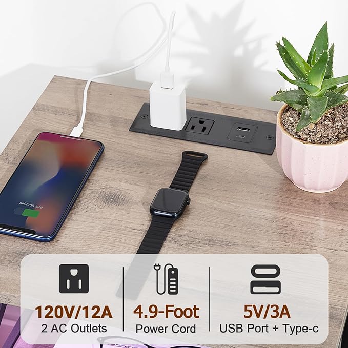 AMHANCIBLE Night Stand Set 2, LED Nightstand with Charging Station, End Tables Living Room with Fabric Drawers, Bed Side Table for Bedroom, Greige, HET052LGY
