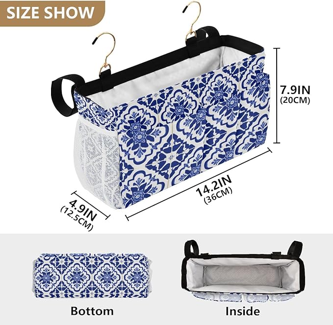 Bedside Caddy Hanging Bunk Bed Caddy Bed Organizer Hanging Pocket with 2 Hooks Bedside Storage Organizer Pocket Bag Holder Floral Blue and White Geometric